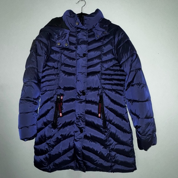 Canada Weather Gear Jackets & Blazers - Canada Weathergear Blue Hooded Collared Long Puffer Jacket Full Zip Button S